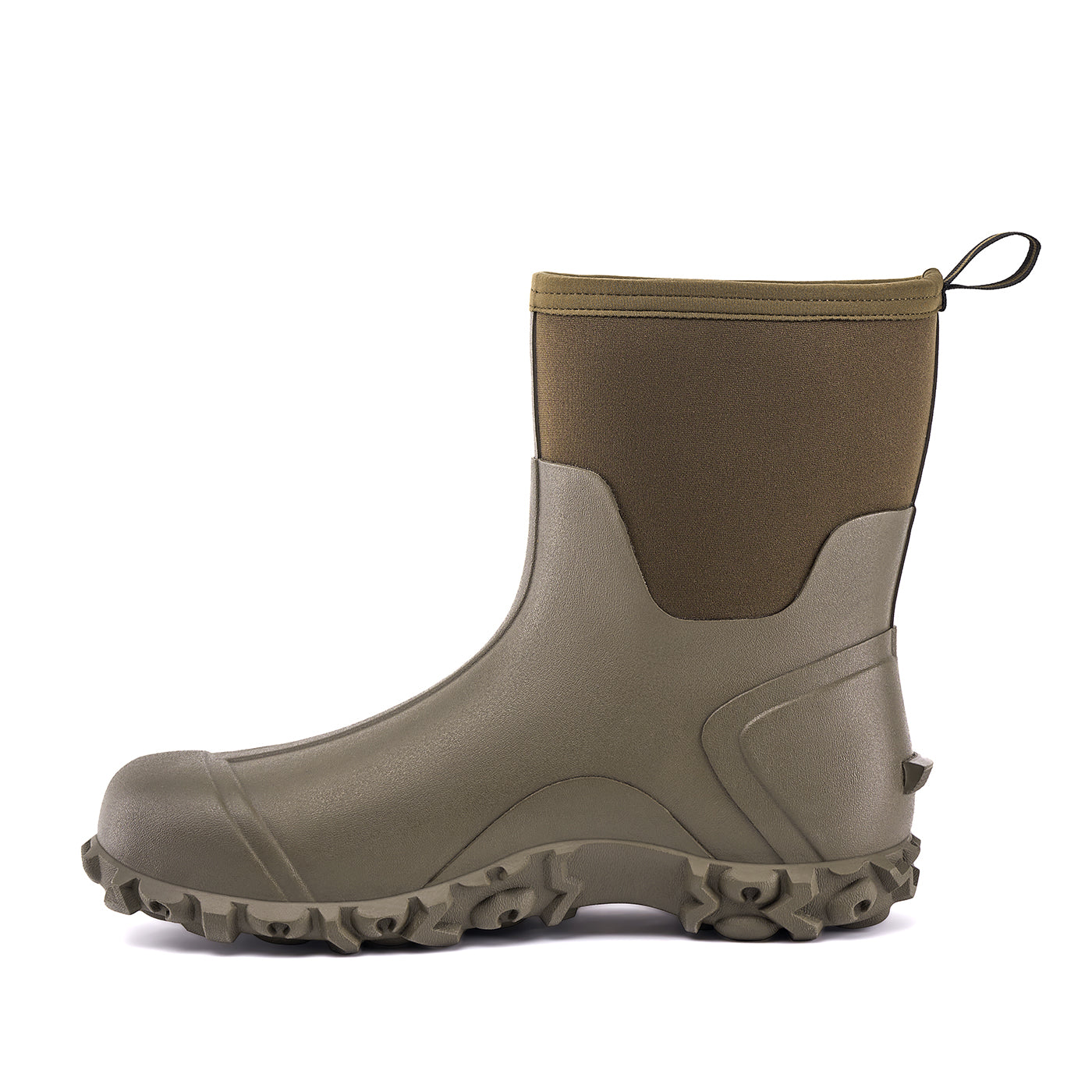 alt="Side view of Trudave AquaGrip Series men’s waterproof mid-calf rubber work boots in olive green – durable non-slip design providing traction and waterproof protection for gardening, farming, and rainy outdoor work"